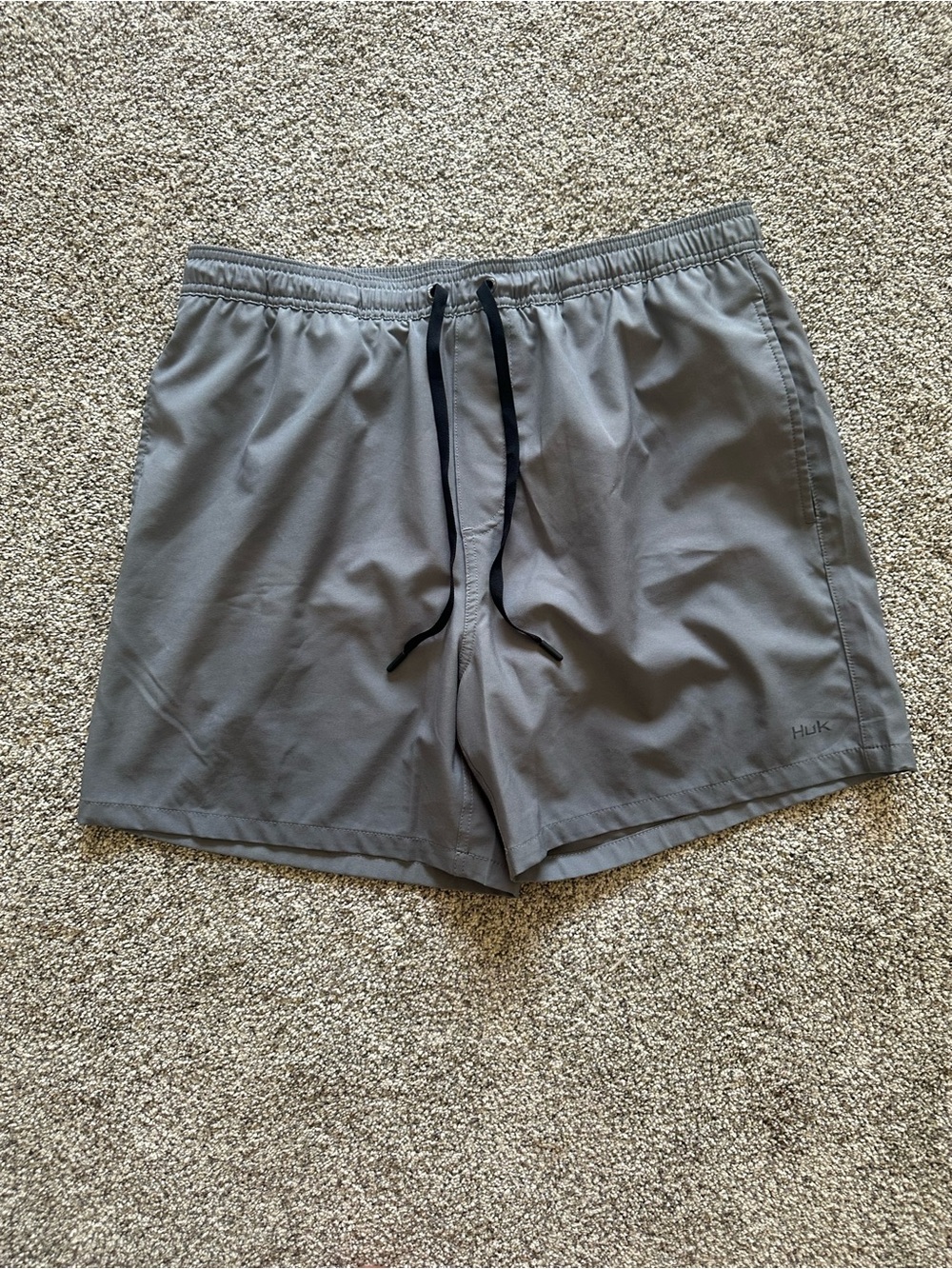 Huk Light Gray Swim Shorts with Black Logo Tag